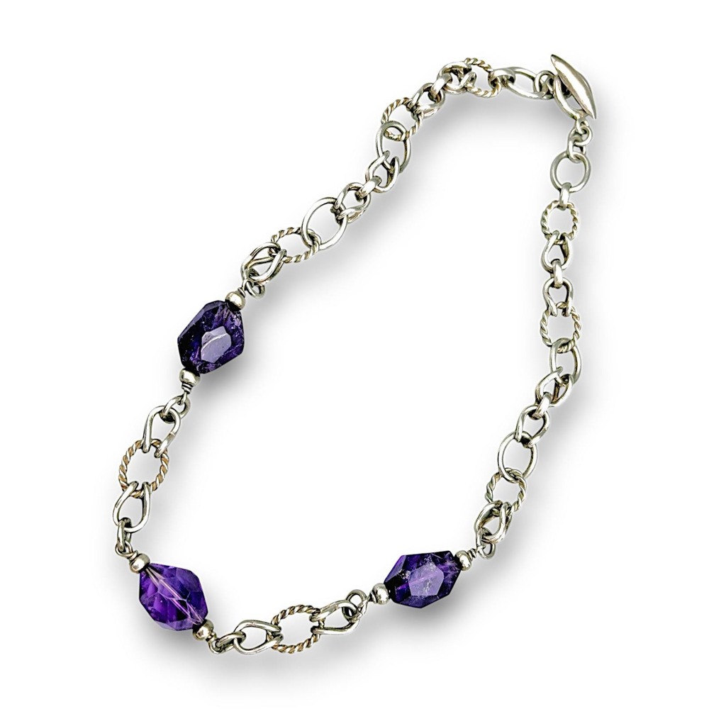 Vintage Sterling Silver Link Necklace Amethyst Handmade Chunky 925 JRI
